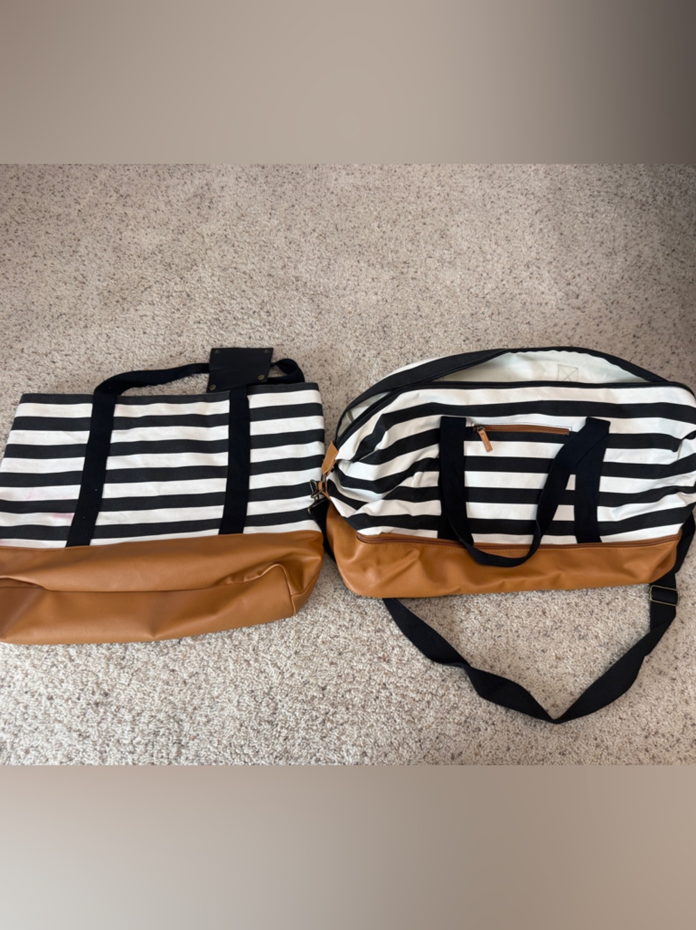 Black & White Striped Tote & Weekender Set w Brown Trim (w shoe compartment)